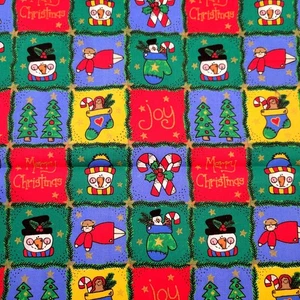 Cotton Fabric Christmas Squares Snowman Tree Candy Cane Joy 18 x 44” Holiday  - Picture 1 of 14