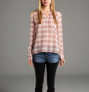 DEREK LAM CROSBY 10 Blouse Womens Size 14 Pink Tan Sheer Plaid Pleated Back Top - Picture 1 of 12