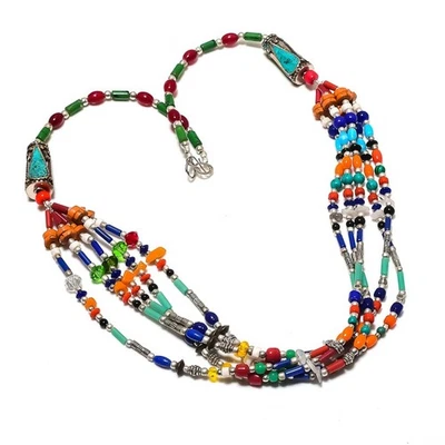 Collana Corallo Rosso Multi Pietra Tibetana Fatta a Mano Bohemien Bead Jewelr... - Immagine 1 di 4