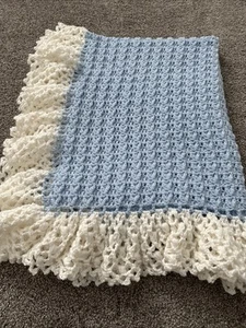 New Light Blue Body With White Ruffle Hand Crocheted Baby Afghan/Blanket - Picture 1 of 4
