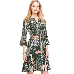 NWT ANN TAYLOR Reed Garden Dress 8 Green Novelty Animal Print Fluted Sleeve Belt - Picture 1 of 16