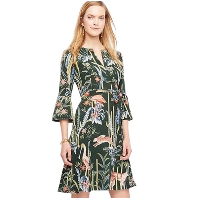 NWT ANN TAYLOR Reed Garden Dress 8 Green Novelty Animal Print Fluted Sleeve Belt - Image 1 of 4