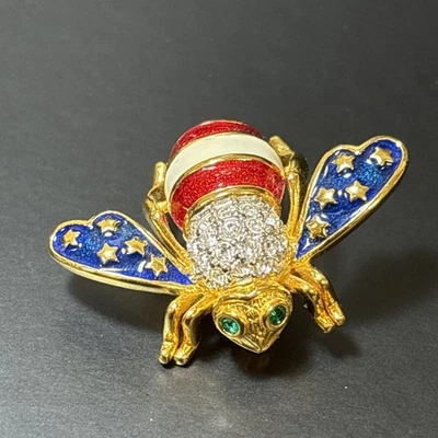 Broche prendedor Joan Rivers estrellas patrióticas rayas rojo blanco azul y cristal bandera abeja Foto 1 de 4