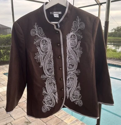 Blazer de mujer marrón chocolate blanco bordado botones de metal mezcla de lino talla 12 Foto 1 de 4
