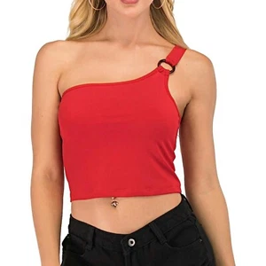 Women's Red Sleeveless One Shoulder Crop Top Cotton Medium - Picture 1 of 6