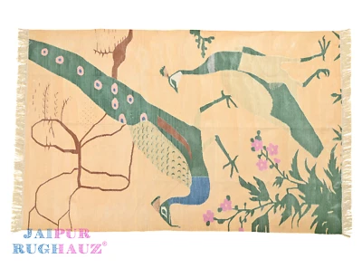 4x6 Blue Green Peacock & Peahen Wall Tapestry Cotton Modern Handmade Animal Rug - Image 1 of 4