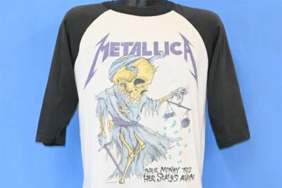 vtg 80s METALLICA THEIR MONEY TIPS HER SCALES PUSHEAD 3/4 SLV t-shirt LARGE L - Image 1 of 4