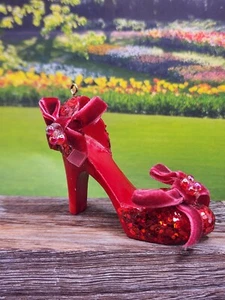 CHRISTMAS ORNAMENT Red  Glittered  wood  HIGH HEEL SHOE - Picture 1 of 5