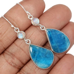 Natural Neon Blue Apatite & Rainbow Moonstone 925 Silver Earrings CE45462 - Picture 1 of 1