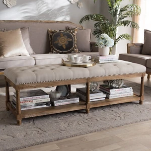 Baxton Studio Celeste French Country Weathered Oak Beige Linen Upholstered Ottom - Picture 1 of 8