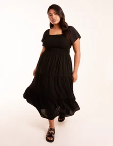 Maxi Vestido Para Mujer Forma Curva Informal Negro Cuello Cuadrado Cintura Ajustada. Tallas Grandes - Imagen 1 de 5