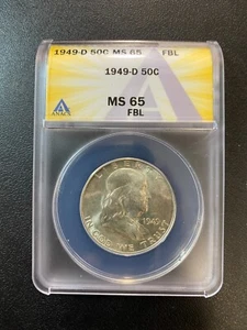1949 D FRANKLIN HALF DOLLAR ANACS MS-65 FBL - UNCIRCULATED - CERTIFIED SLAB -50C - Picture 1 of 2