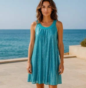 Betsey Johnson Vtg Sequin Mini Swing Dress 6 Teal Silk Y2K Fairy Festival Party - Picture 1 of 12