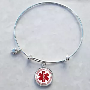 Myasthenia Gravis Medical Alert Sterling Silver Wire Bangle Charm Bracelet - Picture 1 of 2