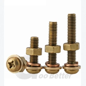 Brass Round Pan Head Phillips Machinescrew With Spring Washer/Flat Washers M3-M8 - Picture 1 of 7