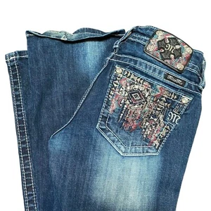 Miss Me Jeans Womens 26 Bootcut Dark Wash Cowgirl Studded Sequin Bling 28x32 - Picture 1 of 11
