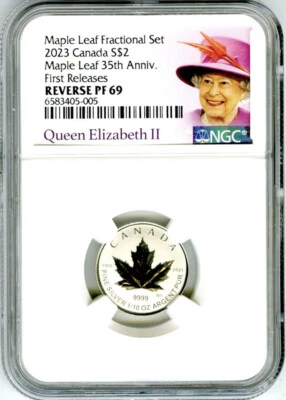 2023 QUEEN ELIZABETH $2 1/10 OZ CANADA SILVER PROOF NGC PF69 35TH MAPLE LEAF FR - Image 1 of 2