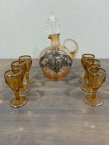 Vintage Amber Glass Sterling Silver Overlay Decanter and Cordial Glasses Art Dec - Picture 1 of 10