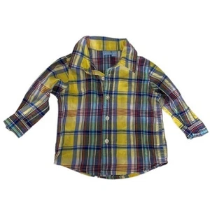 Camisa Top Colocar Abotonada Mangas Largas Cuello Amarillo Azul Cuadros Bebé 9-12 Meses - Imagen 1 de 6