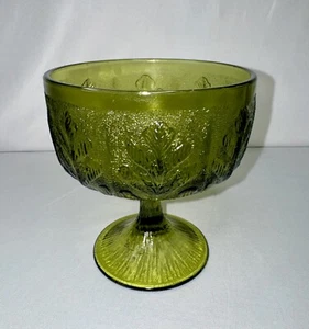 Vintage FTD 1975 Avocado Grün Glas Standfuß Kompott Schale mit Eichenblatt Design - Bild 1 von 5
