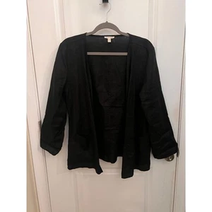 Eileen Fisher 100% Organic Linen Open Jacket Blazer M Black Pockets Long Sleeve - Picture 1 of 5