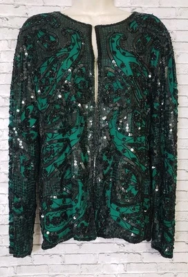 Vintage Channa Black Sequined Beaded Silk Lined Cardigan Jacket Womens Small  - Image 1 of 4