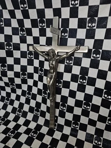 Vintage Lovell Beerdigung Schatulle Topper Kreuz Kruzifix gebürstetes Nickel 11,5" - Bild 1 von 2