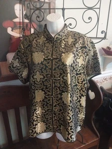 CAMISA VINTAGE DACHUNGHWA CHINA ASIÁTICA TOP ORNAMENTADA FLORAL NEGRA/DORADA 2XL ¡Leer!! - Imagen 1 de 4