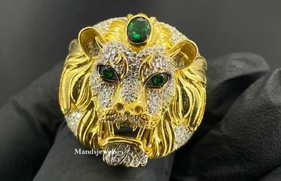 Yellow Gold Plated 3 Ct Oval Lab-Created Emerald Engagement Men's Lion King Ring - Image 1 of 4