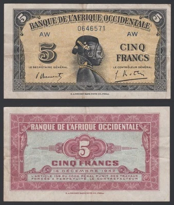 France West Africa 5 francs 1942 Woman at Center P28b Block AW aVF - Image 1 of 4