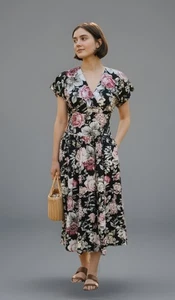 VTG Cottage Core Dress 90s Garden Dark Floral Black Shabby Chic Feminine Medium - Picture 1 of 7