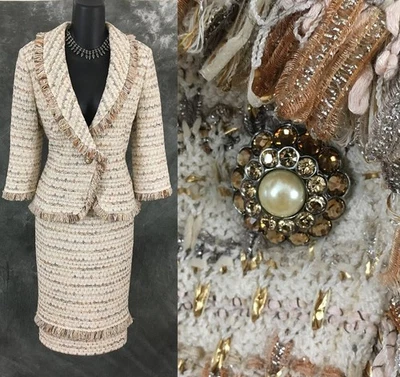 NEW BEAUTIFUL st john knit ivory gold multi fringe jacket skirt suit size 2 4 - Image 1 of 4