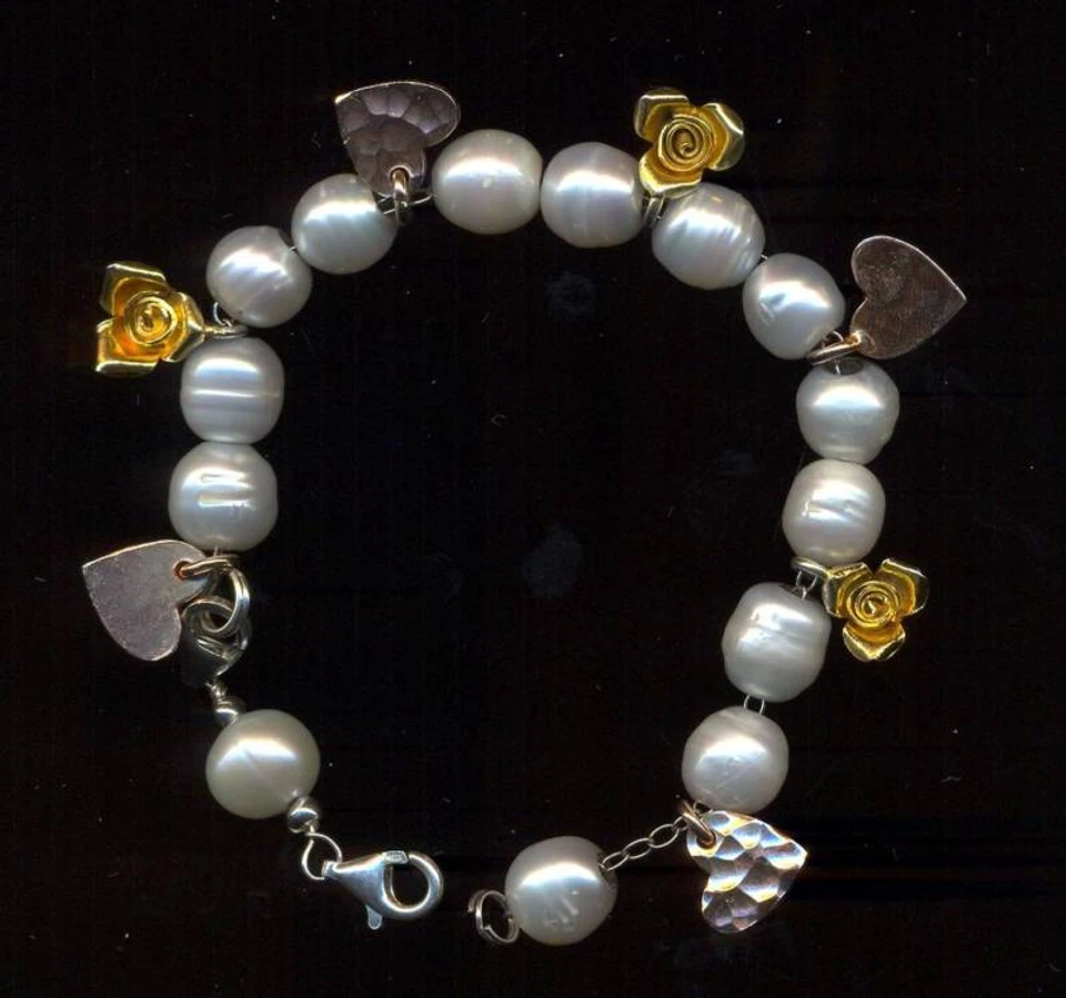 Bracciale argento 925 Sterling + perle e charms argento puro placcati oro 24 - Immagine 1 di 1