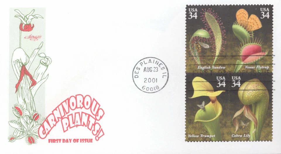 2001 FDC - Scott# 3528-31 - Carnivorous Plants - Block of 4 - Artmaster - Image 1 of 1