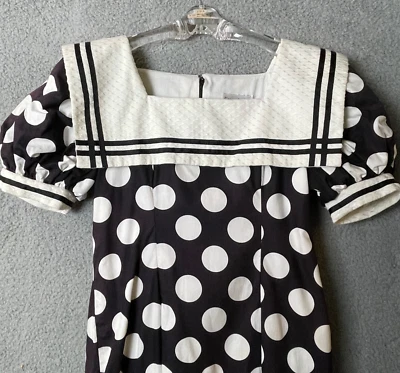 Vestido Francisco VTG 12 Preto Branco Bolinhas Sailor Mangas Bufantes Derby Day - Imagem 1 de 4