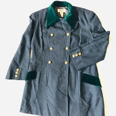 Abrigo Badgley Mischka Gris Diseñador Vintage Talla 14 Doble Pecho Terciopelo Verde Foto 1 de 4