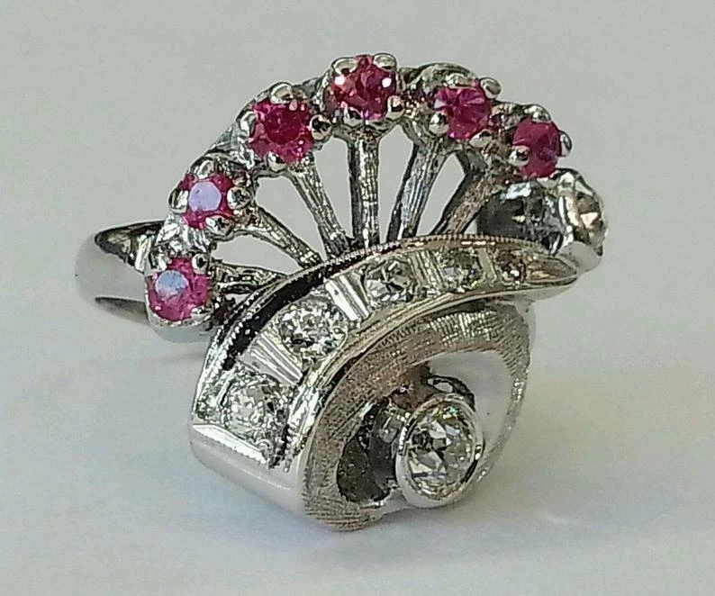 Vintage 925 Solid Silver 1.15CT Old Cut Cubic Zirconia & Pink Ruby Cluster Ring - Image 1 of 4