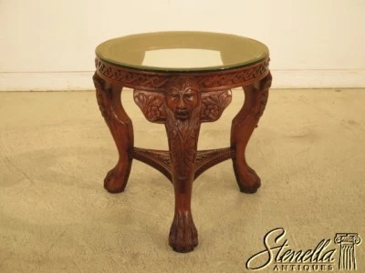 44718: Lion Carved Mahogany Round Center Table with Glass Top - Image 1 of 4