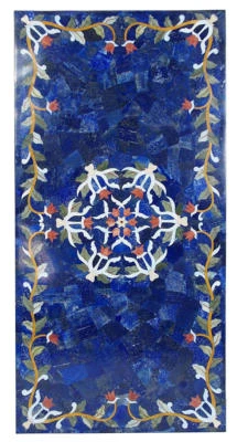 36" x 22" Marble Center Table Top Semi Precious Stones Lapis Lazuli Inlay Work - Image 1 of 2