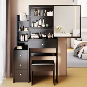 Small Space Vanity Table w/ Sliding Mirror + Stool, Multi-Layer Storage, Compact - Picture 1 of 7