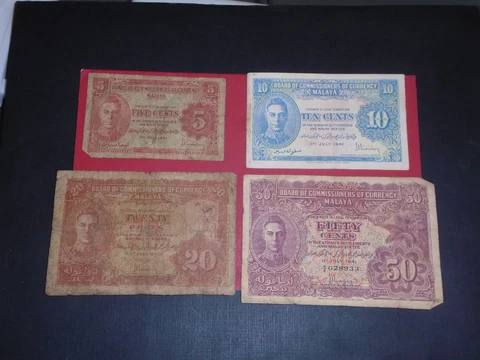 MALAYA 1941 5, 10, 20, 50 CENTS CIRCULATED BANKNOTES P-7b, 8a, 9b, 10a Cover