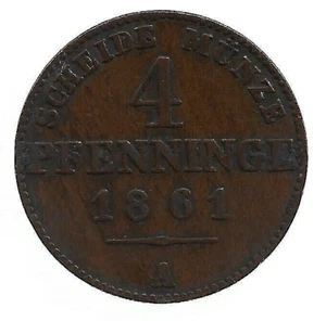 GERMAN STATES PRUSSIA~4 PFENNIG SCHEIDE MUNZE 1861-A ~ COPPER COIN - Picture 1 of 2