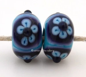 Blue & Purple DAISY FLOWER Pair * Handmade Lampwork Glass Bead TANERES sra  - Picture 1 of 2