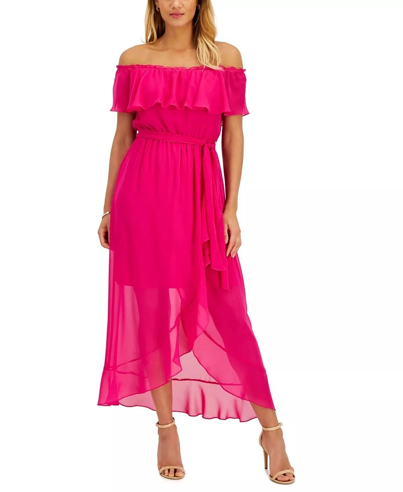 SLNY Women's Pink Ruffle Off-The-Shoulder Maxi Dress Size 18