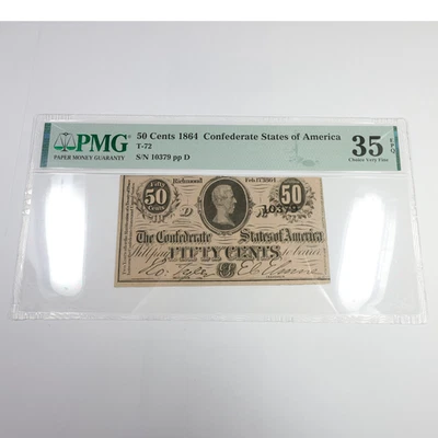 1864 PMG Choice VF35 EPQ CSA Confederate States of America 50c Note T-72 #57268F - Image 1 of 2