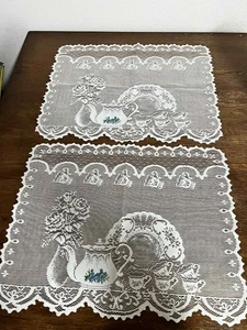 Vintage Lace Placemats Pair Teapot & Teacup Design White Floral Cottagecore - Picture 1 of 7
