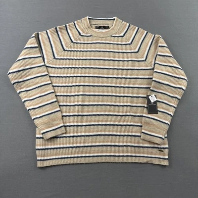 NWT Volcom Size XL Women's Knit Sweater Tan Blue White Stripes Recycle Poly Wool - Image 1 of 4