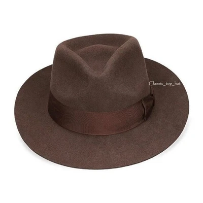 Sombrero Fedora Trilby de fieltro de ala ancha hecho a mano 100 % lana para caballero con banda Foto 1 de 4