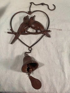 Rustic Cast Iron Heart Wall Hanging Decor Love Birds w Embossed Butterfly Bell - Picture 1 of 9