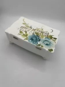 Vntg. Mitchell Gould Co. Odds N’ Ends Box Hand Painted Blue Flowers Plastic Rare - Picture 1 of 5